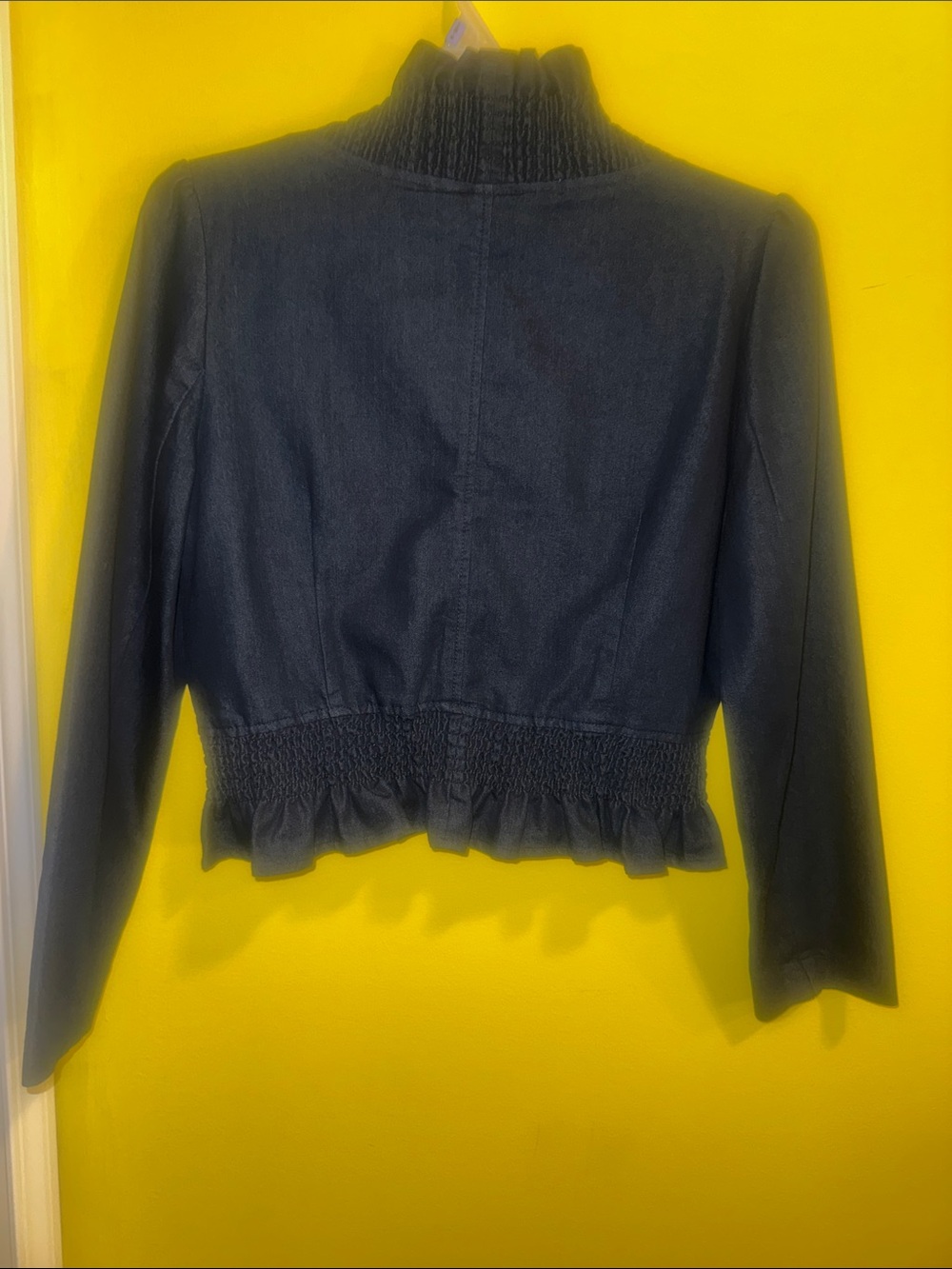 Women’s Denim Ruffled Cropped Jacket - Elegant Evening Coat - Picture 13 of 14